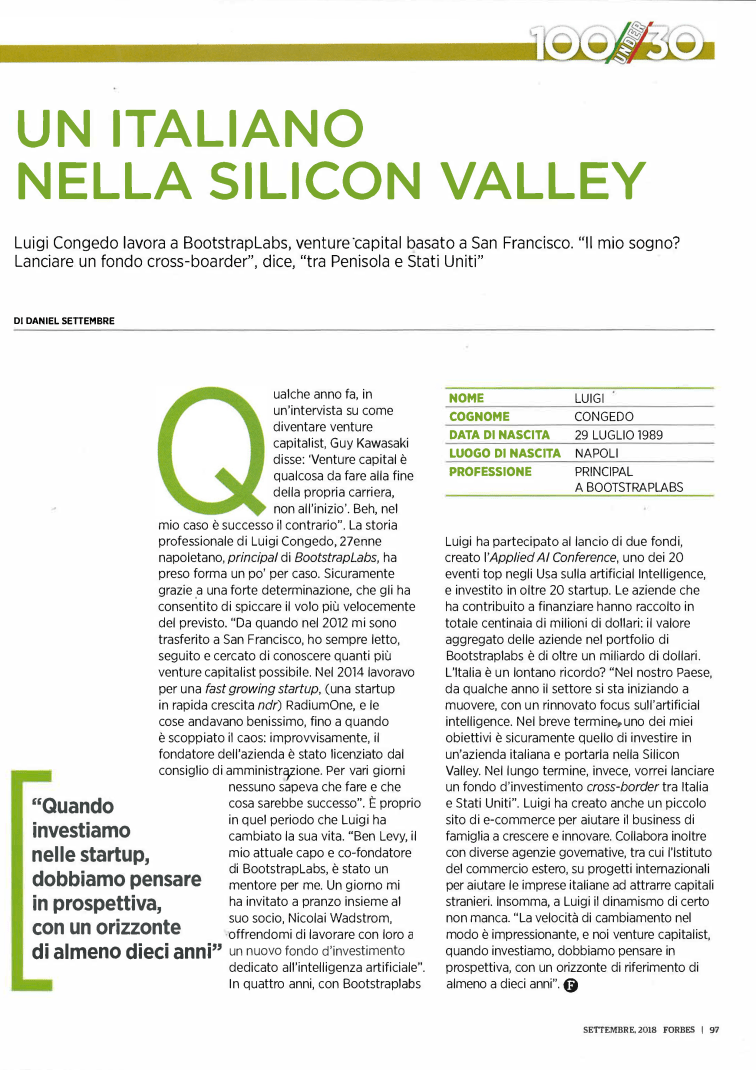 Luigi Congedo, Forbes 30 Under 30 interview 